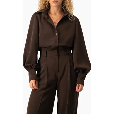 Ivonne Long-sleeve Puff-sleeve Point-collar Button-front Shirt In Brown