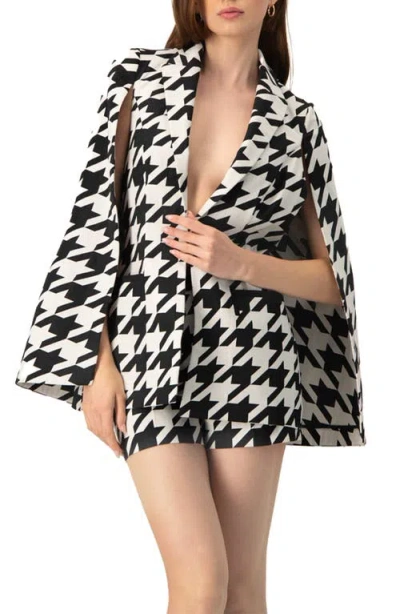 Ivonne Mega Houndstooth Trench Coat With Cape In Black