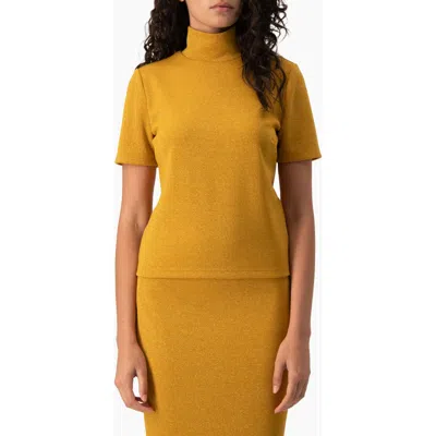 Ivonne Metallic Lurex Short-sleeve Mock-neck Fitted Top In Orange