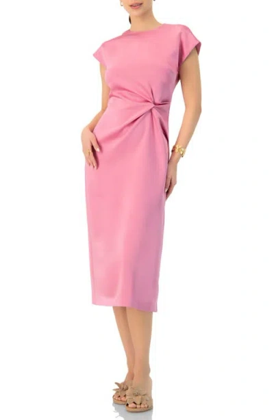 Ivonne Midi Off-shoulder Straight Satin Dress With Side Knot In Pink