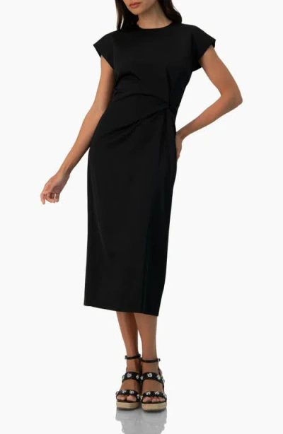 Ivonne Off-shoulder Straight Satin Dress With Side Knot In Black