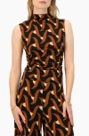 Ivonne Patterned Ruched High Neck Blouse In Brown