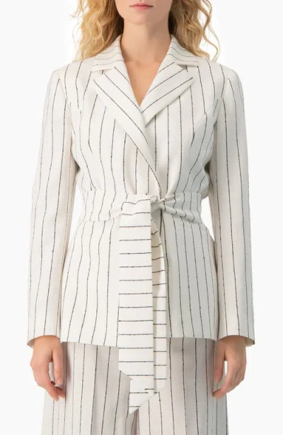 Ivonne Pinstripe Self-tie Belted Wrap Tailored Blazer In White