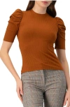 Ivonne Puff Shoulder Ribbed-knit T-shirt In Brown