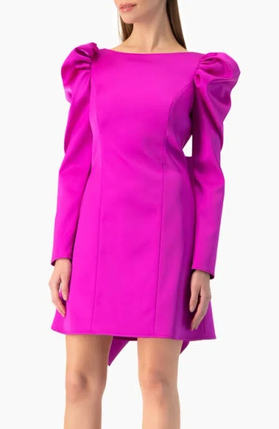 Ivonne Puff-sleeve Open-back Bow Mini Dress In Purple