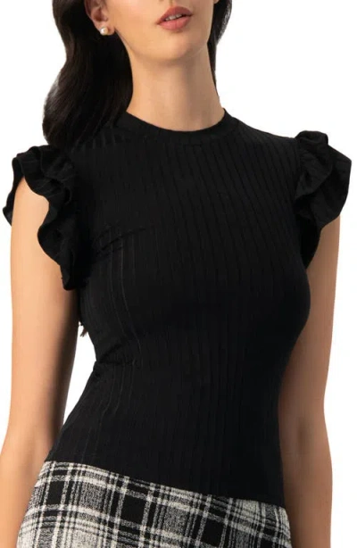 Ivonne Ribbed Straight Top With Ruffles In Black