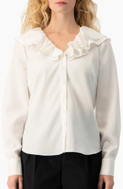 Ivonne Romantic Ruffle Collar V-neck Long-sleeve Fitted Blouse In White