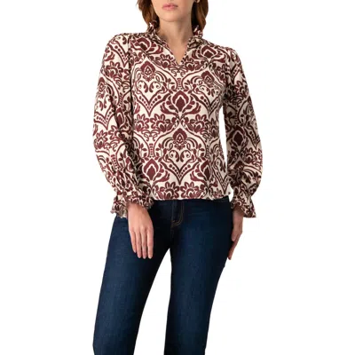 Ivonne Ruffled V-neck Abstract Blouse In Burgundy