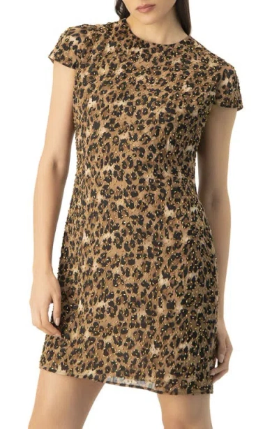 Ivonne Short Beaded Cap Sleeve Dress With Round Neck In Animal Print