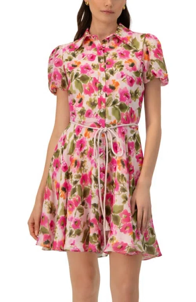 Ivonne Short Floral Shirt Dress With Waist Tie In Pink