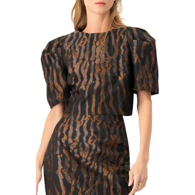 Ivonne Short Puff Sleeve Jacquard Blouse In Brown
