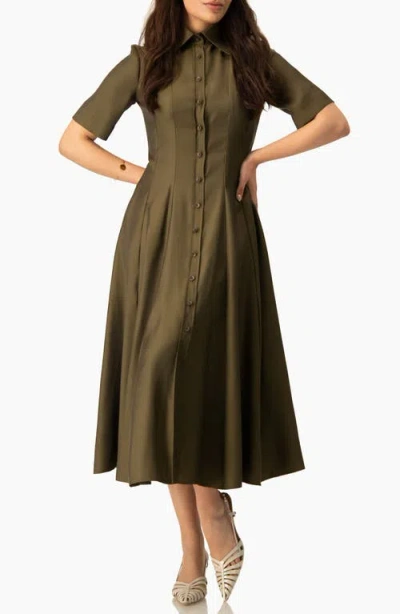 Ivonne Short Sleeve Midi Dress With Button-front Fit-and-flare Shirtdres In Green