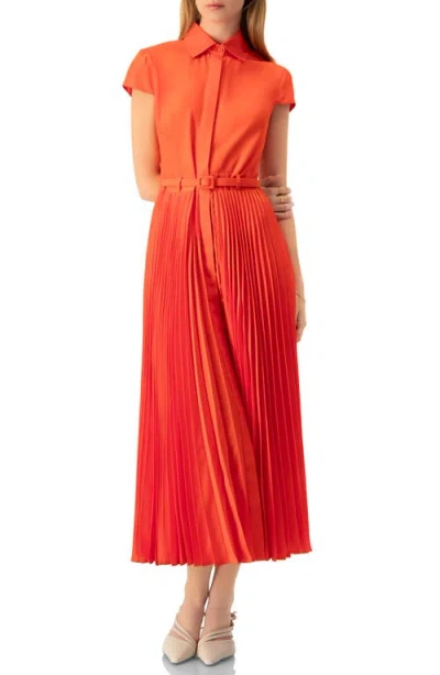Ivonne Short Sleeve Shirt Style Pleated Maxi-dress In Red