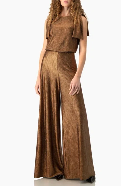 Ivonne Shoulder-tie Metallic Jumpsuit In Brown