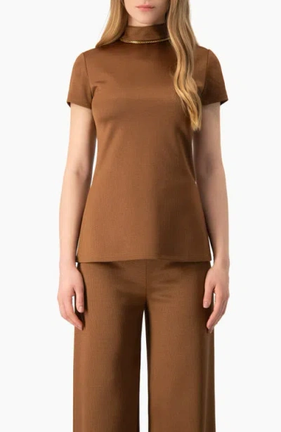 Ivonne Side-slit High-neck Short Sleeve Blouse In Camel