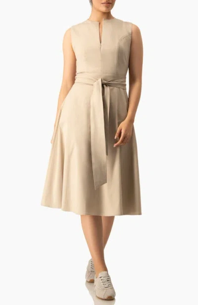 Ivonne Sleeveless Belted Split Neck A-line Midi Dress With Sash In Neutral