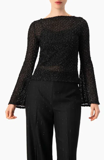 Ivonne Sparkle Knit Round Neck Top With Bell Sleeves In Black