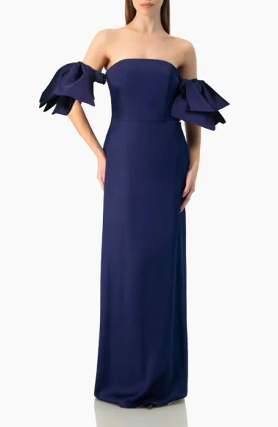 Ivonne Strapless Column Gown With Detachable Bow Sleeves In Blue