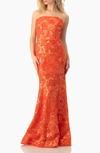 Ivonne Strapless Sequin Floral Brocade Gown In Orange