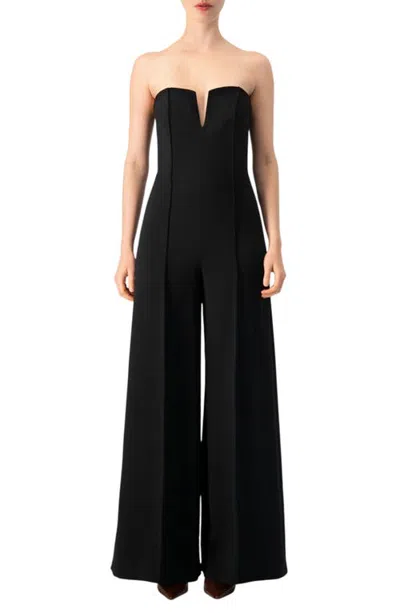 Ivonne Strapless Wide-leg Jumpsuit With Notched Bodice In Black