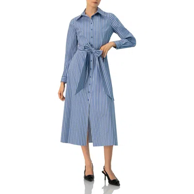 Ivonne Striped Midi Collared Dress With Waist Tie In Blue