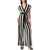 Ivonne Striped V-neck Jumpsuit With Waist Tie In Black