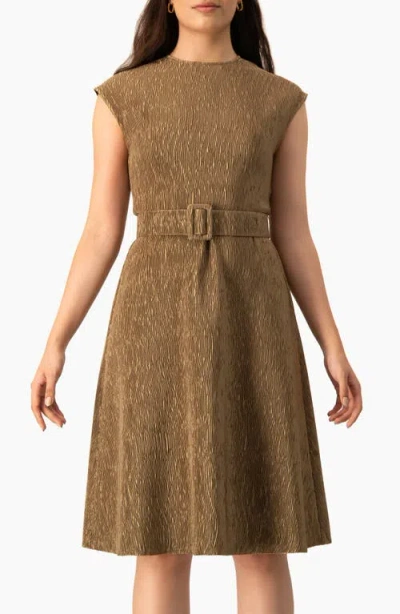 Ivonne Textured Belted A-line Dress, Cap Sleeve Fit-and-flare With Buckle Belt In Gold
