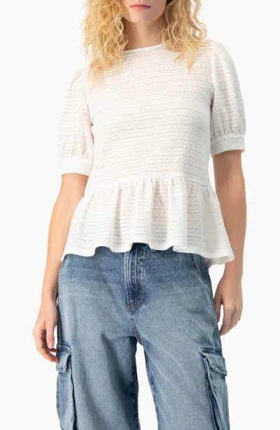 Ivonne Tonal Stripe Textured See-through Peplum Short-sleeve Blouse In White