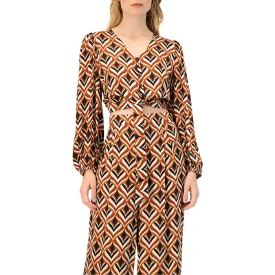 Ivonne V-neck Geometric Print Blouse With Bottom Tie In Brown