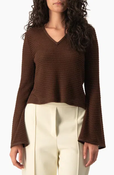 Ivonne Waffle-knit V-neck Flared Bell-sleeve Cropped Sweater In Brown