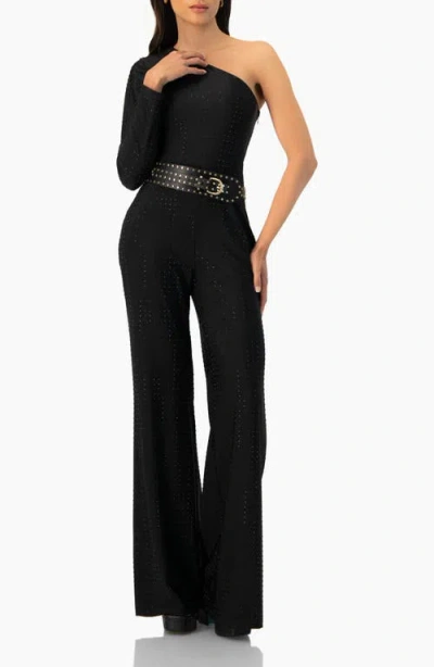 Ivonne Wide-leg Textured Jumpsuit With One Long Sleeve In Black