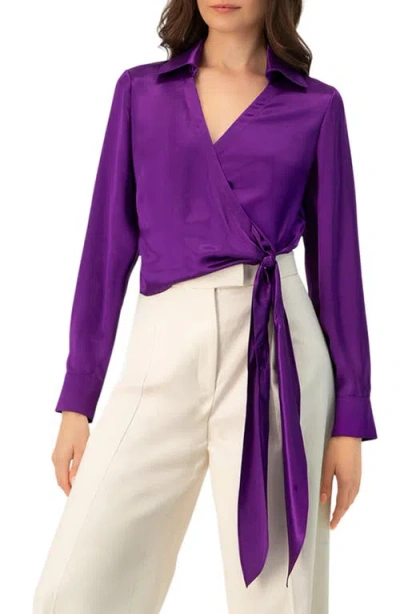 Ivonne Wrap Satin Blouse With Tie Detail In Purple