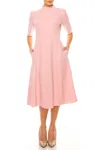 Ivy & Blu 3/4 Sleeve Mock Neck Fit And Flare Dress In Shell Pink In Pink