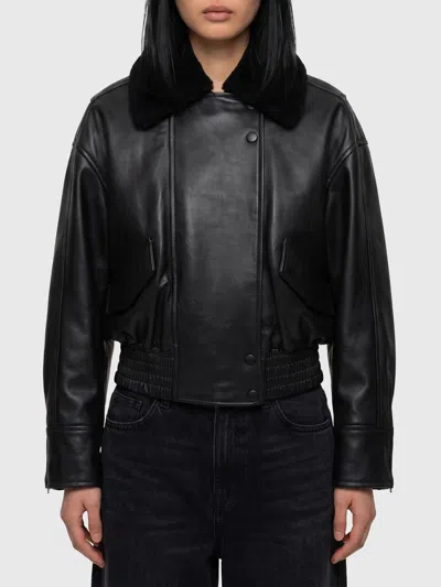 Ivy & Oak Iolaila Lane Leather Cropped Bomber Jacket In Black