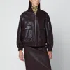 Ivy & Oak Burgundy Leather Bomber Jacket With Zip In Brown