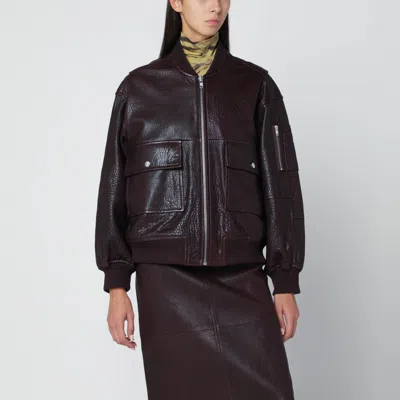 Ivy & Oak Burgundy Leather Bomber Jacket With Zip In Brown