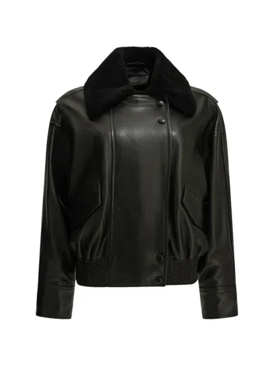 Ivy & Oak Laila Lane Shearling-collar Leather Bomber Jacket In Black