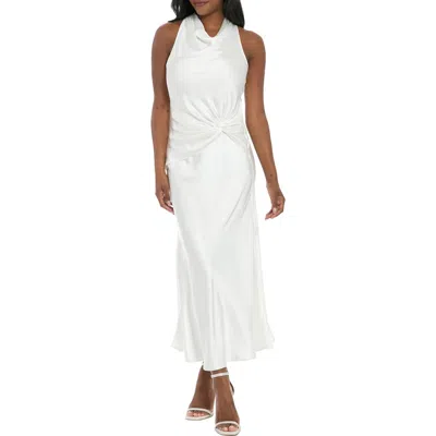 Ivy + Blu Cowl Neck Twist Satin Midi Dress In White