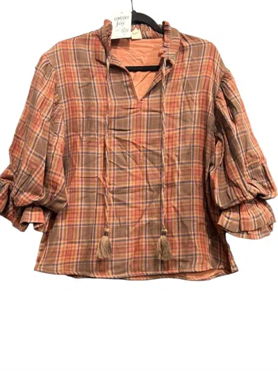 Ivy Jane 3/4 Sleeves Blouse In Brown Plaid In Yellow