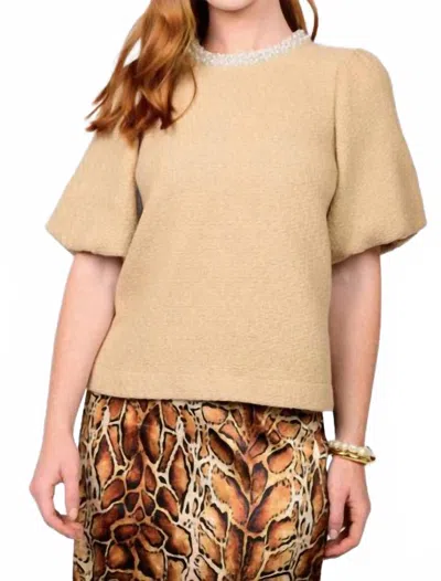 Ivy Jane Beaded Neck Puff Sleeve Top In Camel In Brown