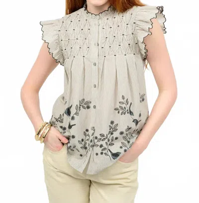 Ivy Jane Bird Border Button Front Top In Beige In Nude