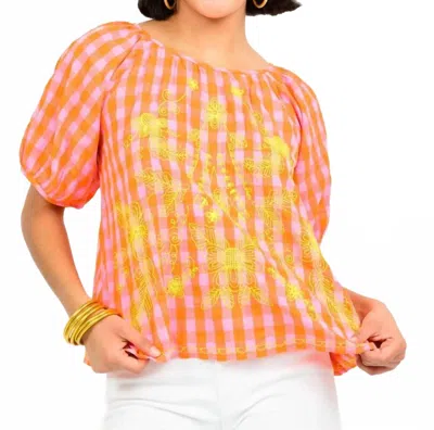 Ivy Jane Floral Embroidered Check Top In Pink Multi In Orange