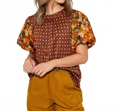 Ivy Jane Floral Flair Puff Sleeve Top In Brown In Multi