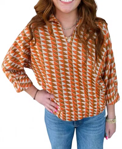 Ivy Jane Geometric Collared Popover Top In Orange In Brown