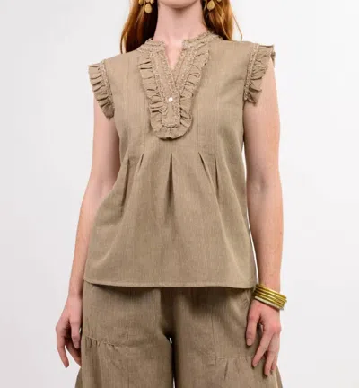 Ivy Jane Mae Striped Ruffle Top In Khaki In Brown
