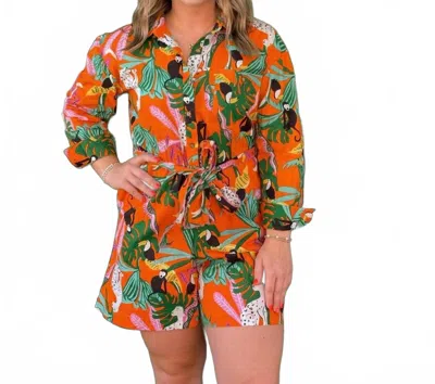 Ivy Jane Orange Tropical Shirt Style Romper In Multi