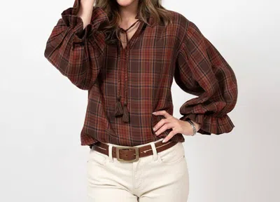 Ivy Jane Plaid Tie Neck Top In Brown In Burgundy