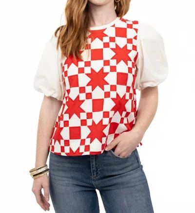 Ivy Jane Quilted Pouf Sleeve Top In Red In Multi