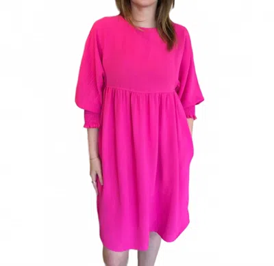 Ivy Jane Shirred Sleeve Dress In Hot Pink