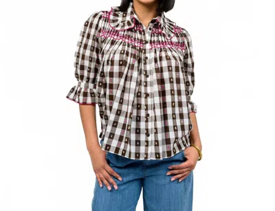 Ivy Jane Smocked Checked Blouse In White/black